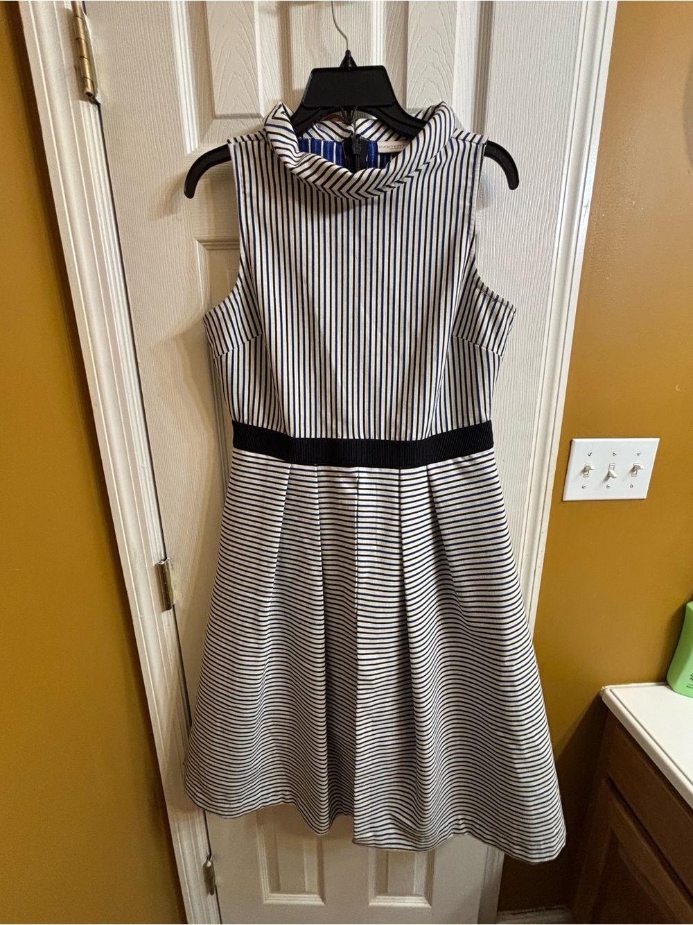 Eva Mendez Striped A-Line Dress with Mock Neck - Black, White & Royal Blue